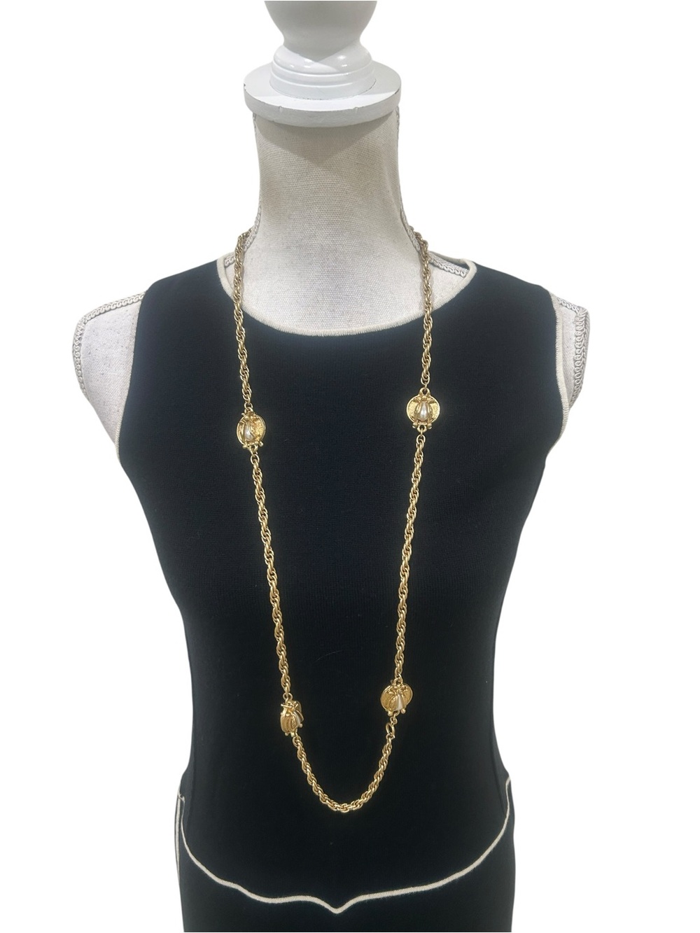 CAbi Long Gold-Tone Twist Necklace & bracelet bee Pearl stations convertible box